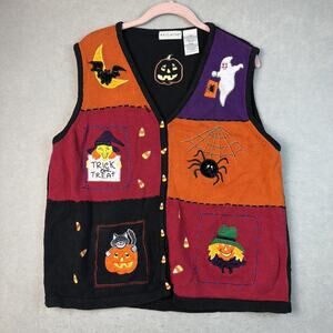 White Stag Halloween Cat Witch Knit Ugly Sweater Vest Women XL Goth Embroidered